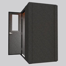 Load image into Gallery viewer, Exterior side view of the WhisperRoom MDL 4260 S single-wall sound isolation booth with the door open, showing the gray acoustic interior and modular panel construction.