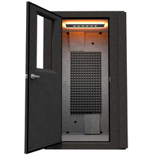 Load image into Gallery viewer, WhisperRoom MDL 4242 S single-wall soundproof booth with the door open, showing the 3.5' × 3.5' interior, acoustic foam panel, and upper LED lighting.