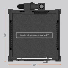 Load image into Gallery viewer, Top-down view of the WhisperRoom MDL 4848 S soundproof booth showing a 46-inch by 46-inch interior and exterior dimensions of 50 inches.