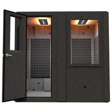 Load image into Gallery viewer, WhisperRoom MDL 6084 S single-wall sound booth shown from the front with the door open, dual windows, interior acoustic foam, and overhead LED lighting.