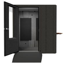 Load image into Gallery viewer, Front view of the WhisperRoom Audiology Basic Plus booth with door open, showing wheelchair-accessible ramp entry and interior testing space.
