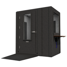 Load image into Gallery viewer, Angled front-right view of the Audiology Basic Plus package by WhisperRoom, displaying the single-wall booth with door closed and wheelchair ramp visible.
