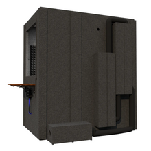 Load image into Gallery viewer, Rear view of the Audiology Basic Plus booth, highlighting the ventilation system built into the compact, and the ventilation silencing add-ons.