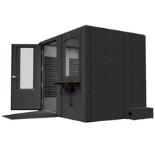 Load image into Gallery viewer, Right side view of the Audiology Premium booth with door open, showing the expanded interior layout and ADA-compliant features including ramp access and wide entry.