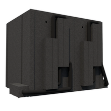 Load image into Gallery viewer, Rear view of the Audiology Premium sound booth, displaying the dueling rear ventilation system and the Ventilation Silencing Systems and Exterior Fan Silencers.