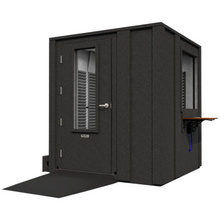 Load image into Gallery viewer, Angled front-right view of the Audiology Ultra package by WhisperRoom, highlighting the double-wall sound booth with closed door and ADA-compliant design.