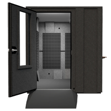 Load image into Gallery viewer, Front view of the WhisperRoom Audiology Ultra booth with the door open, showing the ADA-accessible ramp entry and interior space within the double-wall enclosure.