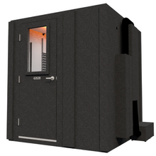 Load image into Gallery viewer, Angled front-right view of the Creator Basic package by WhisperRoom, highlighting the compact 6' x 6' booth with the door closed.