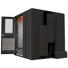 Load image into Gallery viewer, Side view of the Creator Basic booth showing the depth of the 6' x 6' single-wall enclosure, with the door open to reveal the interior.