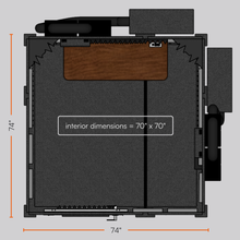 Load image into Gallery viewer, Top-down sectional view of the Creator Basic package by WhisperRoom, showing both the booth’s exterior dimensions and interior setup.