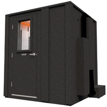 Load image into Gallery viewer, Angled front-right view of the Creator Deluxe package by WhisperRoom, displaying the fully enclosed booth with the door closed.