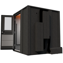 Load image into Gallery viewer, Right side view of the Creator Deluxe booth with the door open, showcasing the depth, ventilation, and double-wall construction of the 6' x 6' sound isolation enclosure.