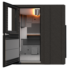 Load image into Gallery viewer, Front view of the WhisperRoom Creator Basic sound booth with the door open, showing the interior workspace designed for content creators, podcasters, and voice actors.