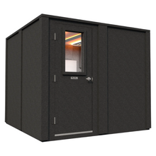 Load image into Gallery viewer, Angled front-left view of the Drum Booth package by WhisperRoom, showing the double-wall sound booth with a closed door.