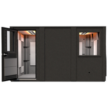 Load image into Gallery viewer, Front view of the WhisperRoom Drum Studio package with the door open, showing the spacious 8' x 12' double-wall booth with acoustic treatment, bass traps, and a 36" wall window.