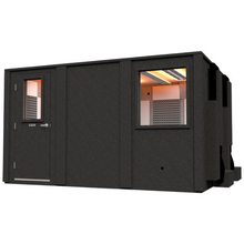 Load image into Gallery viewer, Angled front-right view of the Drum Studio package by WhisperRoom, highlighting the closed booth with its 36" wall window and double-wall construction for maximum sound isolation.