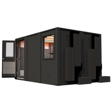 Load image into Gallery viewer, Right side view of the Drum Studio booth with the door open, displaying the depth of the 8' x 12' enclosure and the interior layout including acoustic panels and bass traps.
