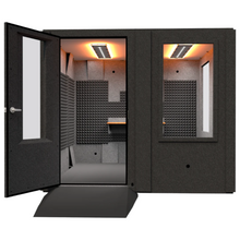 Load image into Gallery viewer, Front view of the WhisperRoom Makerspace Booth with the door open, showing ADA-accessible entry, spacious 8' x 8' interior, and three oversized 48" windows for maximum visibility.