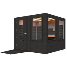 Load image into Gallery viewer, Angled front-right view of the Makerspace Booth package by WhisperRoom, displaying the closed single-wall enclosure with its large wraparound windows and clean design.