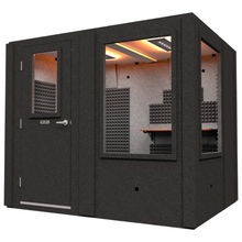 Load image into Gallery viewer, Angled front-right view of the Meeting Booth package by WhisperRoom, featuring the closed booth with large exterior windows and clean, modern design.