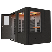 Load image into Gallery viewer, Right side view of the Meeting Booth with the door open, revealing the full-depth interior setup, including office desk and visible lighting setup.