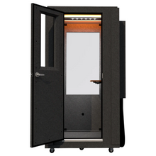 Load image into Gallery viewer, Front view of the WhisperRoom Office Booth with the door open, showing the interior workspace designed for focus, privacy, and productivity in professional settings.