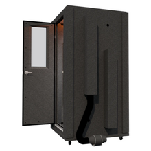 Load image into Gallery viewer, Right side view of the Office Booth with the door open, showcasing the depth of the booth and the ventilation system on the side of the unit.