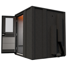 Load image into Gallery viewer, Right side view of the Practice Deluxe booth with the door open, displaying the depth, interior layout, and double-wall construction of the booth.