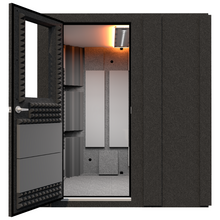 Load image into Gallery viewer, Front view of the WhisperRoom Practice Basic sound booth with the door open, showing the acoustic treatment and studio light inside the 6' x 6' booth.