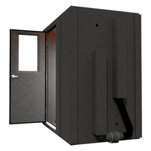 Load image into Gallery viewer, Right side view of the Work From Home Booth with the door open, displaying the booth’s depth and ventilation system.