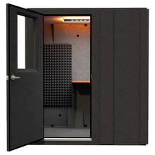 Load image into Gallery viewer, Front view of the WhisperRoom Work From Home Booth with the door open, showing the compact workspace optimized for remote calls and quiet productivity.