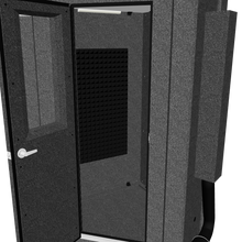 Load 3D model into Gallery viewer, 3D model of a WhisperRoom MDL 127 LP S single-wall, diamond-shaped sound booth shown with the door open, revealing interior acoustic foam panels and compact corner-fitting design.