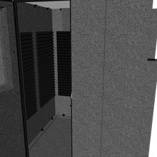 Load 3D model into Gallery viewer, 3D interactive model of the WhisperRoom MDL 6060 S single-wall sound isolation booth, showing rotatable and zoomable views of the exterior, door, window, and ventilation system for detailed inspection.