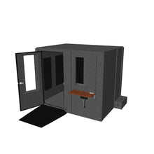 Load 3D model into Gallery viewer, 6′2″ × 8′2″ × 6′11″ single-wall Audiology Premium booth — ADA-compliant with a 32-inch wide door, ramp and elevated floor, dual ventilation systems with silencers, door & wall windows, fold-down desk, multiple cable passages, pictured with door open showing interior clinical layout.