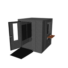 Load 3D model into Gallery viewer, 6′2″ × 6′2″ × 7′1″ double-wall Audiology Ultra ADA-compliant booth with 32-in wide door & ramp, dual ventilation systems, wall & door windows, acoustic foam panels, folding desk & cable passages, shown with door open.