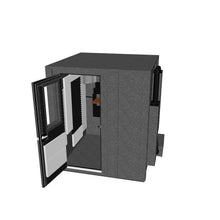 Load 3D model into Gallery viewer, “6′2″ × 6′2″ × 7′1″ double-wall Creator Deluxe booth with acoustic panels and bass traps, dual ventilation systems with silencing, folding office desk, LED studio lighting, door open to reveal interior workspace.