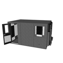 Load 3D model into Gallery viewer, 8 by 12 foot double-wall Drum Studio booth, acoustically treated with bass traps, door open, interior lighting, designed for drum recording applications.