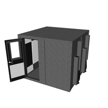 Load 3D model into Gallery viewer, 8′ × 8′ double-wall Drum Booth, acoustically treated with bass traps, interior lighting, and open door showing spacious layout for a full drum kit.