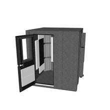 Load 3D model into Gallery viewer, 6′2″ × 6′2″ enhanced (double-wall) Practice Deluxe booth, solid acoustic insulation, bass traps, door open, studio lighting, roomy layout for full drum or band practice.