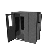 Load 3D model into Gallery viewer, 4′2″ × 6′2″ × 6′11″ single-wall Work From Home Booth, acoustically treated with foam panels, door window, LED studio lighting, folding desk, cable passages, and ventilation, shown with door open to reveal compact work-friendly interior.