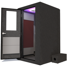 Load image into Gallery viewer, write the perfect alt text for an image of WhisperRoom's Voice Over Basic Package - a 4' x 4' single-wall vocal booth decked out with acoustic treatment, a desk, studio light, and more features. Shown from the side with left-hinged door open and burgundy StudioFoam.