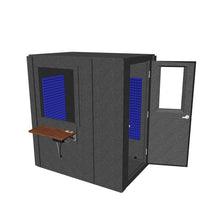 Load 3D model into Gallery viewer, 3D model of WhisperRoom's Audiology Basic Package featuring a booth with a right-hinged door, lined with blue acoustic foam. There is a folding office desk, a multi-jack panel designed for audiometers, and an enhanced ventilation system for optimal air circulation. A 32x36 wall window is included for visual communication.