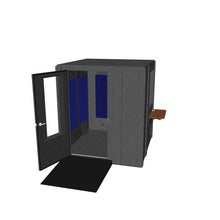 Load 3D model into Gallery viewer, 3D model of WhisperRoom's ADA compliant Audiology Deluxe Package, featuring a 6' x 6' booth with a wide access door and wheelchair ramp for accessibility. The booth also includes an elevated floor, a wall window for visual communication, a folding desk, a multi-jack panel designed for audiometers, and an enhanced ventilation system for improved air quality.
