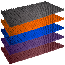 Load image into Gallery viewer, Stack of 5 Auralex Pyramid StudioFoam Sheets in Various Colors - Gray, Orange, Blue, Purple, and Burgundy. Each Sheet Measures 2' x 4' and is 2" Thick, Perfect for Acoustic Treatment.