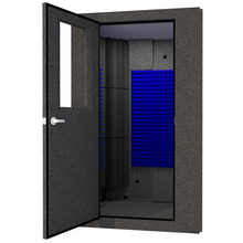 Load image into Gallery viewer, A WhisperRoom MDL 4848 S shown from the front with the door open and LENRD Bass Traps inside.