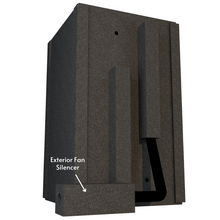 Load image into Gallery viewer, A WhisperRoom MDL 4848 S shown from the rear with an Exterior Fan Silencer attached to the ventilation system of the sound booth.