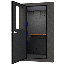 Load image into Gallery viewer, A WhisperRoom MDL 4848 S shown with the door open and an office booth on the inside.