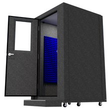 Load image into Gallery viewer, A WhisperRoom MDL 4848 S shown from the front with the door open and a step connected to the front of the booth.
