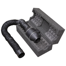 Load image into Gallery viewer, The Turbine Air Accelerator for WhisperRoom Ventilation Systems shown open with a fan on the inside.