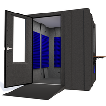 Load image into Gallery viewer, WhisperRoom's Audiology Deluxe Package shown from the front with left hinge door open and blue foam.